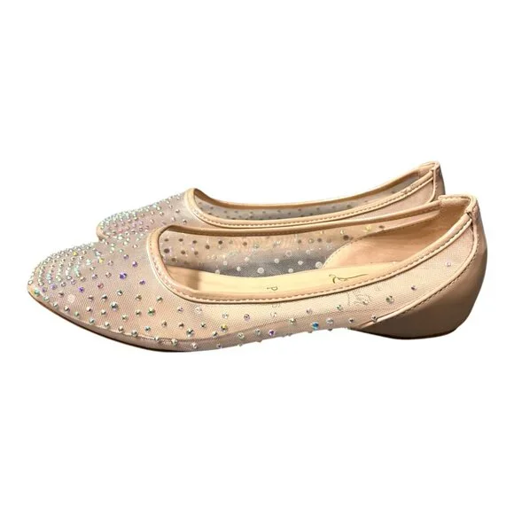 Beige Crystal Embellished Mesh Follis Strass Ballerina Flats - Picture 7 of 12
